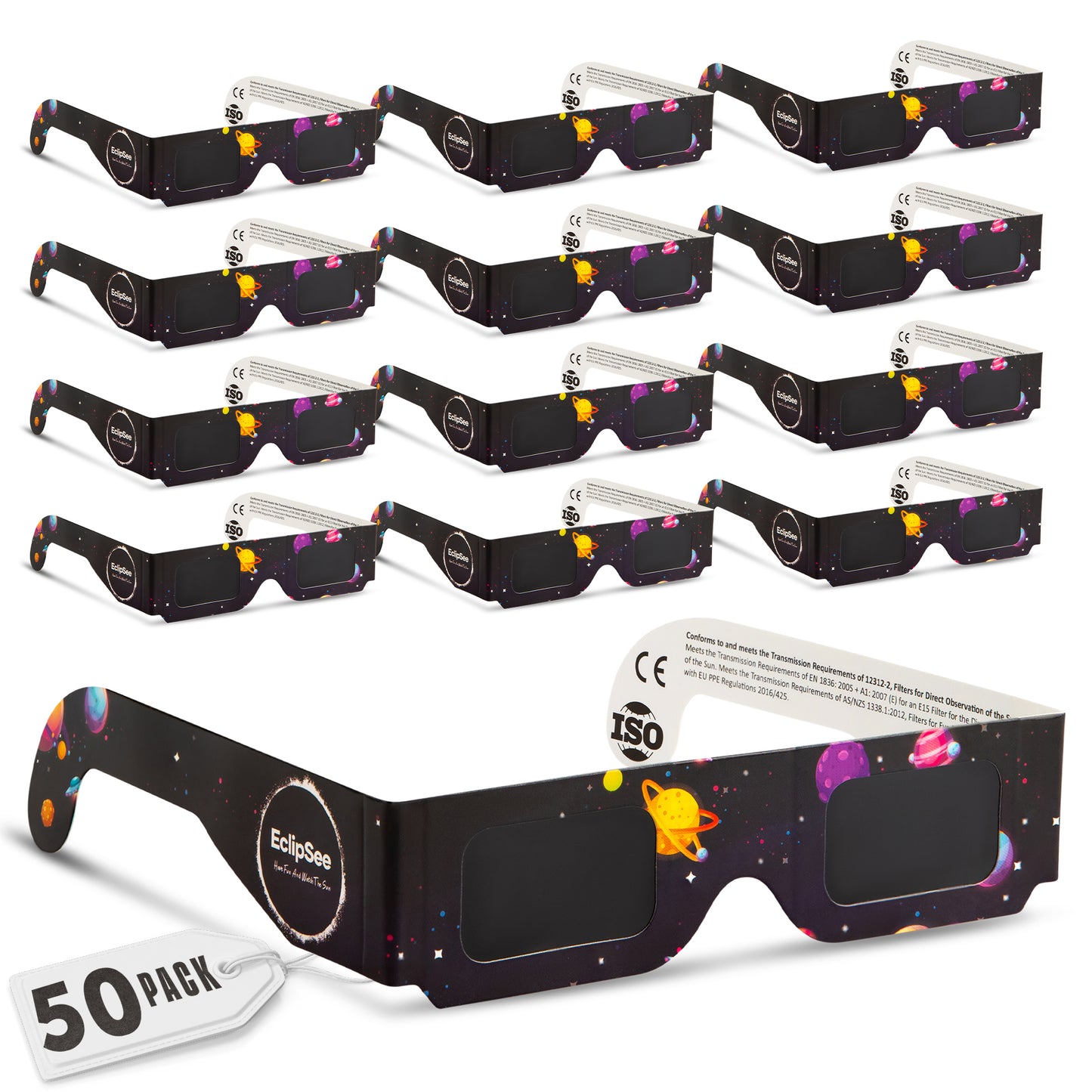 EclipSee Solar Eclipse Glasses Approved Paper Solar Eclipse Sunglasses - CE & ISO Certified Solar Eclipse Glasses, Solar Eclipse Viewing Glasses for Kids & Adults  - Black