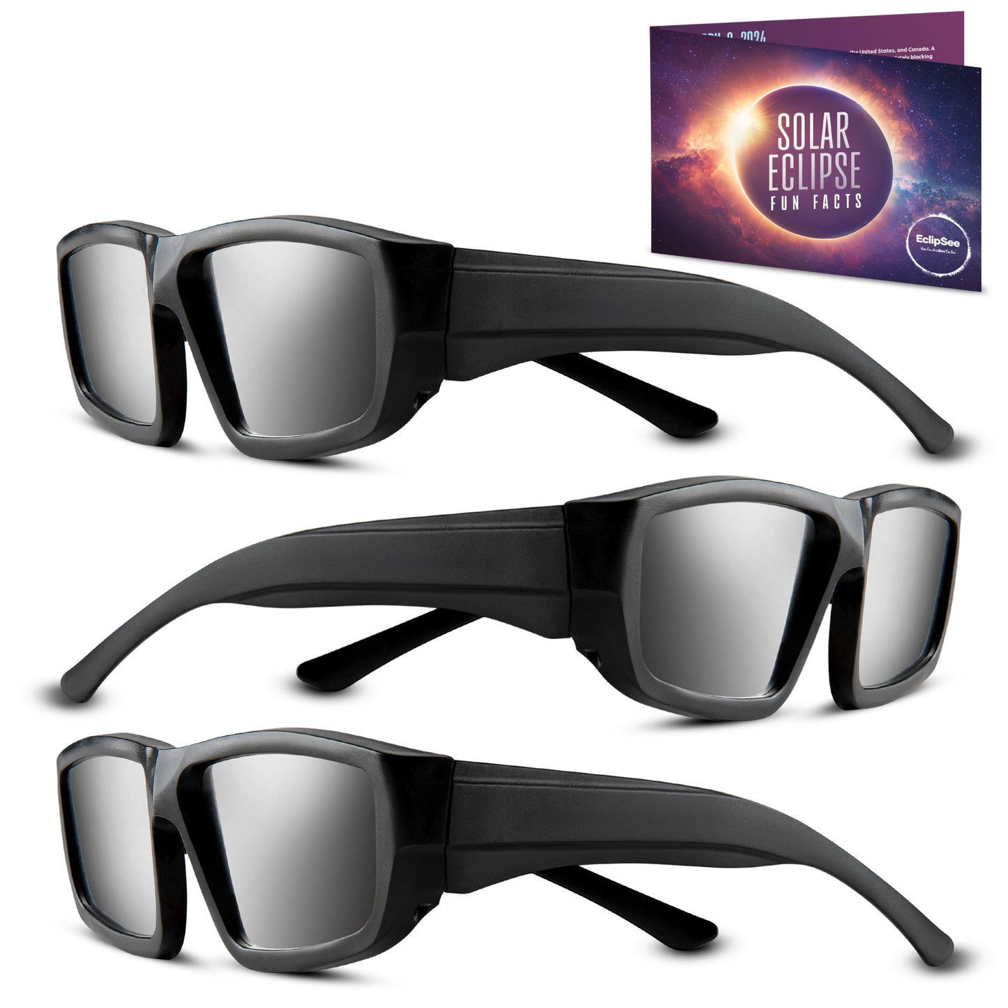 EclipSee Solar Eclipse Glasses Approved Plastic Solar Eclipse Viewing Glasses - CE & ISO Certified Solar Eclipse Glasses, Solar Eclipse Sunglasses for Kids & Adults - Black - Available in 1, 3, Or 5 pack