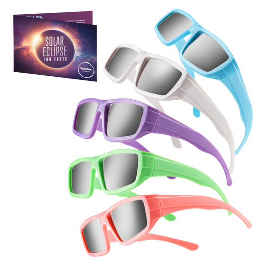 EclipSee Solar Eclipse Glasses Approved Plastic Solar Eclipse Viewing Glasses - CE & ISO Certified Solar Eclipse Glasses, Solar Eclipse Sunglasses for Kids & Adults - Assorted, 5 Solar Glasses